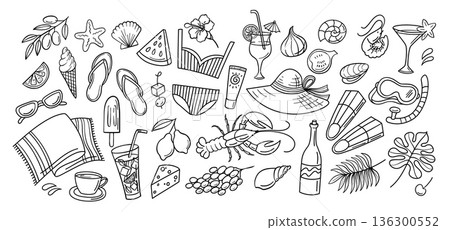 Beach dolce vita doodle set. Hand drawn seafood and cocktail, seaside vacation, summer resort graphics and travel or leisure icons. Fruit, ice cream and swimwear, diving mask isolated vector set 136300552