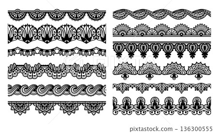 Lace seamless border set with cutwork trim and guipure swirls for vintage invitation, wedding card divider and textile craft or laser cut fabric. Decorative pattern for henna flourishes vector set 136300555