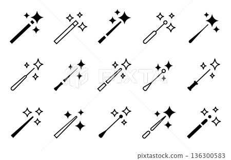 Magic AI wand icons with sparkle stars. Glow wands for artificial intelligence fantasy editor tools. Generate or fairytale miracle wizard stick symbol. Vector isolated set 136300583