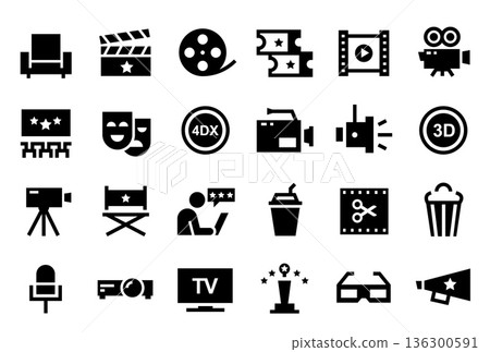 Cinema icons. Film reel and theater ticket, movie hall, streaming media platform, entertainment production studio light. Camera 3D movie, popcorn and cola, TV award and rating. Vector isolated set Cinema icons. Film reel and theater ticket, movie hall, streaming media platform, entertainment production studio light. Camera 3D movie, popcorn and cola, TV award and rating. Vector isolated set 136300591