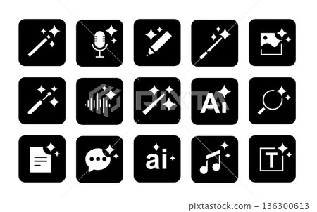AI and magic icons. Wands and sparkle stars for chatbot. Voice enhancement, text document edit, retouch and image generation, audio effect, AI search, chat generate, music create tools vector set 136300613