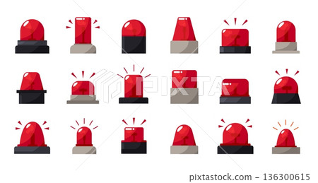 Emergency siren icons. Red beacons and alarm lights, crisis and hazard warning emoji. Glossy flashing police or ambulance signal lamp, blink flasher for urgent evacuation alert isolated vector set Emergency siren icons. Red beacons and alarm lights, crisis and hazard warning emoji. Glossy flashing police or ambulance signal lamp, blink flasher for urgent evacuation alert isolated vector set 136300615