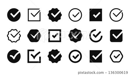 Tick icon set. Checkmarks, approve symbol for survey validation, app notification UI, feedback control or confirm status indicator. Black glyphs for approval checklist interface button vector set 136300619