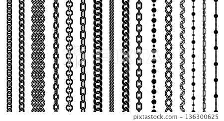 Chain seamless brushes. Twisted braided silhouette links, jewelry borders, fashion apparel patterns. Repeat necklace stripes, bracelet stencil dividers. Vector isolated set Chain seamless brushes. Twisted braided silhouette links, jewelry borders, fashion apparel patterns. Repeat necklace stripes, bracelet stencil dividers. Vector isolated set 136300625