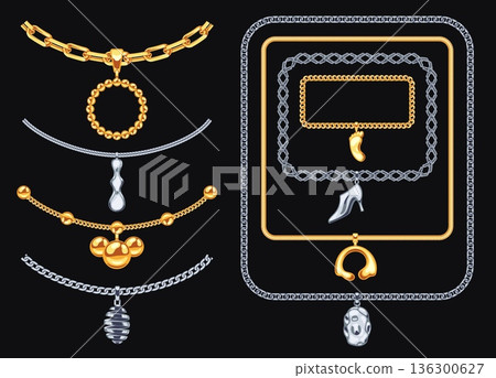 Fancy chain brush set with golden luxury pendants and metallic charms for premium boutique branding and chic fashion or jewelry border. Glossy realistic 3D links for accessory isolated vector set 136300627