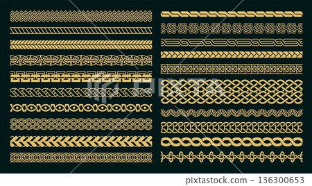 Celtic knot braid seamless borders with golden interlace and braided geometric frame for certificates, luxury background and Viking heraldic jewelry decorative design. Vector isolated set Celtic knot braid seamless borders with golden interlace and braided geometric frame for certificates, luxury background and Viking heraldic jewelry decorative design. Vector isolated set 136300653