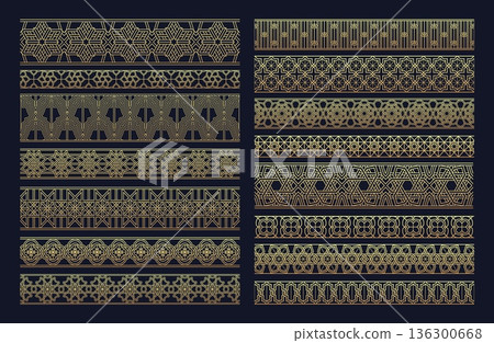 Golden arabesque seamless borders, Islamic geometric border frames for luxury Arabic certificate, Arabian wedding invitation and premium packaging or textile gold ribbons. Elegant vector isolated set Golden arabesque seamless borders, Islamic geometric border frames for luxury Arabic certificate, Arabian wedding invitation and premium packaging or textile gold ribbons. Elegant vector isolated set 136300668