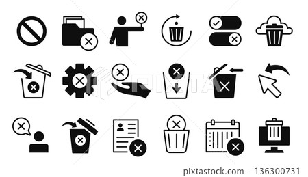 Delete and trash icons. Cancel cross and clear symbols to remove, block or discard files. Vector set of toggle switches and undo arrows for app settings, mistake erase and forbidden action Delete and trash icons. Cancel cross and clear symbols to remove, block or discard files. Vector set of toggle switches and undo arrows for app settings, mistake erase and forbidden action 136300731