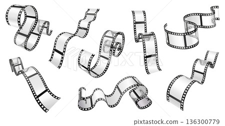 Film strip realistic 3D set. Wavy filmstrip reels ribbon frames and transparent for cinema banners, photography mockups and retro movie design. Vector of glossy negatives for motion isolated layouts Film strip realistic 3D set. Wavy filmstrip reels ribbon frames and transparent for cinema banners, photography mockups and retro movie design. Vector of glossy negatives for motion isolated layouts 136300779
