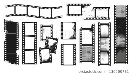 Film strip frame set with sprocket borders and grunge texture for cinema collages, photography templates and vintage storyboard design. Vector collection of analog negatives for cinema vibe 136300781