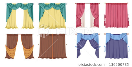 Closed and open curtains for window privacy with heavy blackout fabric or elegant tulle for home interior. Vector collection with cornice and drape elements for living room, classical luxury decor 136300785