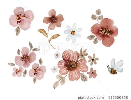 Watercolor cute red and brown flower set in simple primitive style with small bee shown as separate elements. Illustration for kids stationery, baby shower cards, packaging labels, nursery prints. 136300868