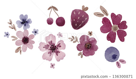 Watercolor cute floral and berry set with pink and purple flowers, strawberries and cherries, simple shapes. Illustration for kids stationery, stickers, postcards, packaging labels or nursery prints. Watercolor cute floral and berry set with pink and purple flowers, strawberries and cherries, simple shapes. Illustration for kids stationery, stickers, postcards, packaging labels or nursery prints. 136300871