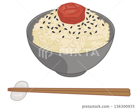 圖中展示了糙米、醃梅子、黑芝麻以及筷子和筷架。 136300935