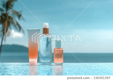 Set cosmetic bottles on edge of blue water 136301397