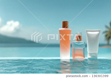 Set cosmetic bottles on edge of blue water Set cosmetic bottles on edge of blue water 136301399