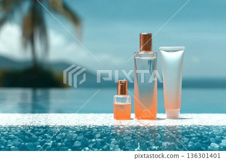 Set cosmetic bottles on edge of blue water 136301401