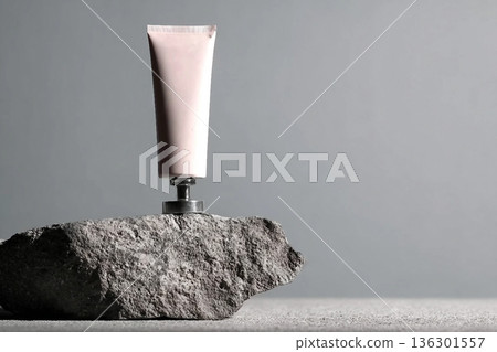 Pink cosmetic tube at natural rock podium at grey background , visuals for beauty and cosmetic product . Pink cosmetic tube at natural rock podium at grey background , visuals for beauty and cosmetic product . 136301557