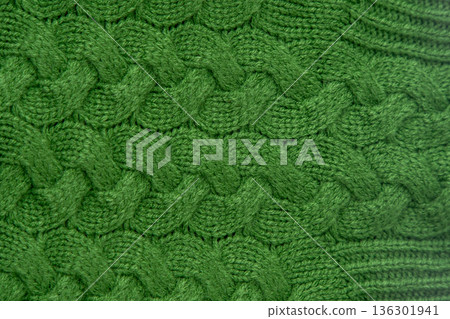 Green Cable Knit Fabric woolen sweater craft background 136301941