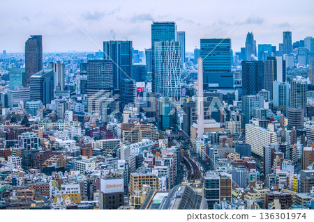Tokyo cityscape in Japan: Frozen Shibuya and Yamanote Line... Snow remains on rooftops and roofs... Japan's economy is cooling... = 8th 136301974