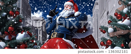 Santa Claus in a stylish twist, striking a heroic pose amidst urban snowflakes and festive trees 136302181