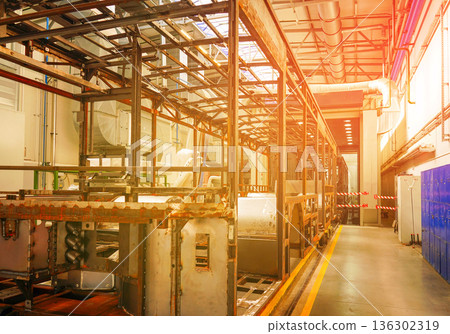 Bus assembly factory. Industrial production workshop, passenger transport assembly.  136302319