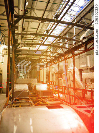 Bus assembly factory. Industrial production workshop, passenger transport assembly.  136302320