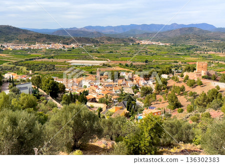 Torres Torres town village, Valencia, Spain. Rural landscape. Buildings and houses in city. Torres Torres town village, Valencia, Spain. Rural landscape. Buildings and houses in city. 136302383