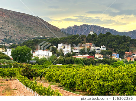 Spain rural. Spain Village houses in Countryside at mountains. Rural landscape, hills, farm field. 136302386