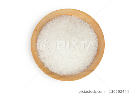 White sugar in wooden bowl isolated on white background. Top view. Flat lay 136302444