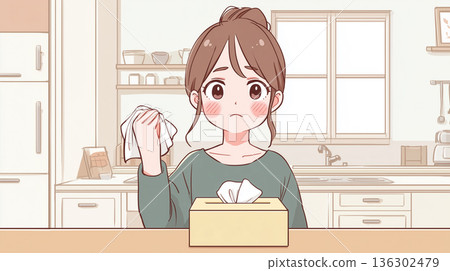 /* 春季插圖，一位患有花粉症的女士拿著紙巾 */ 136302479