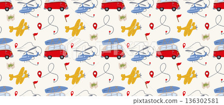 Seamless transport pattern with airplanes buses and travel routes in childlike style Seamless transport pattern with airplanes buses and travel routes in childlike style 136302581