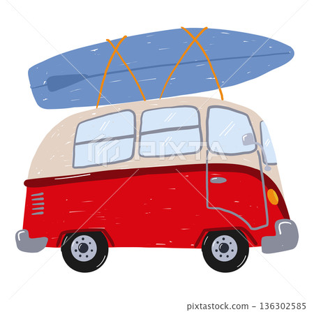 Camper van with surfboard in childlike hand drawn travel style 136302585