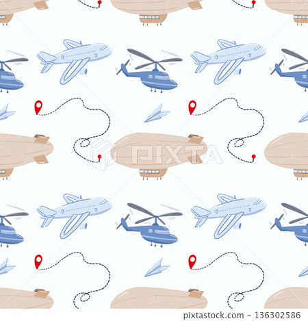 Cute aviation transport pattern with airplanes helicopters and airships for kids Cute aviation transport pattern with airplanes helicopters and airships for kids 136302586