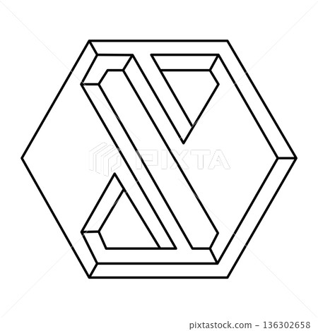 Impossible hexagon. Line design. Impossible shape. Optical illusion object. Sacred geometry figure. Op art. Impossible hexagon. Line design. Impossible shape. Optical illusion object. Sacred geometry figure. Op art. 136302658