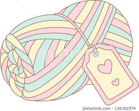 Hand Drawn Minimalist Illustration of a Pastel Yarn Ball with Heart Tag for Knitting Hobby and Valentine's Day Design 136302874