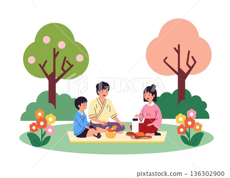 Illustration of a family enjoying a picnic under a cherry tree 136302900