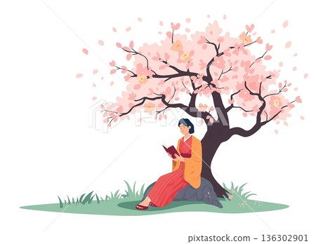 一位穿著紅色衣服的人坐在櫻桃樹下的插圖 136302901