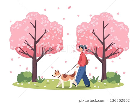 一幅描繪男子和狗沿著櫻花樹漫步的插圖 一幅描繪男子和狗沿著櫻花樹漫步的插圖 136302902