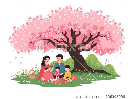 Illustration of a couple enjoying a picnic under a cherry tree 136302908