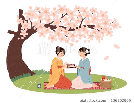 兩人在櫻桃樹下品茶的插圖 136302909