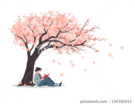 櫻桃樹下讀書的人的插圖 136302911