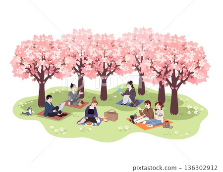 Illustration of people enjoying cherry blossom viewing under a row of cherry trees 136302912