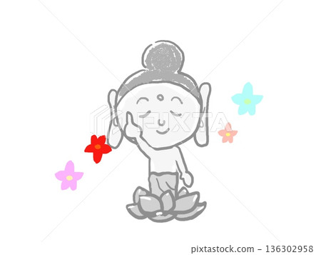 Stone statue of Buddha with floral pattern and flower festival 136302958