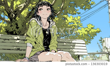 一位年輕女子靜靜地坐在公園長椅上休息。 136303019