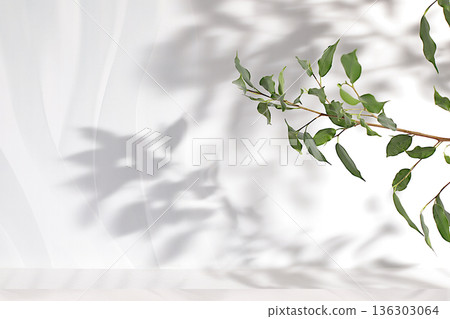 Abstract artistic minimal backdrop for cosmetic product presentation, premium empty podium with shadows on sunny elegant background, design template and banner for screen, podium on pedestal 136303064