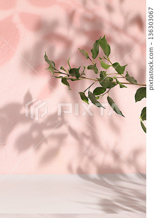Premium empty podium with shadows of tropical palm leaves on sunny wall, minimal abstract background for cosmetics product presentation, design template, podium on pedestal, selective focus. Premium empty podium with shadows of tropical palm leaves on sunny wall, minimal abstract background for cosmetics product presentation, design template, podium on pedestal, selective focus. 136303067