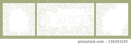 Botanical Sage Green Frame Set. Backgrounds with Branch Berries Currant Line Art. Isolated White Square and Horizontal template with Empty Copy Space. Vector illustration 136303205