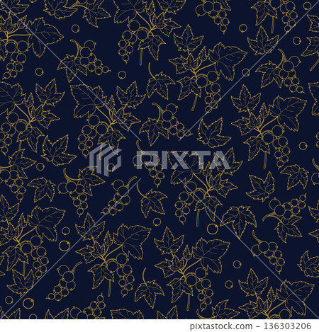 Golden Currant Line Art Seamless Pattern. Elegant Botanical Background with Luxury Berry Branches on Dark Navy Blue. Minimalist Chic Square template Ornament. Vector illustration Golden Currant Line Art Seamless Pattern. Elegant Botanical Background with Luxury Berry Branches on Dark Navy Blue. Minimalist Chic Square template Ornament. Vector illustration 136303206