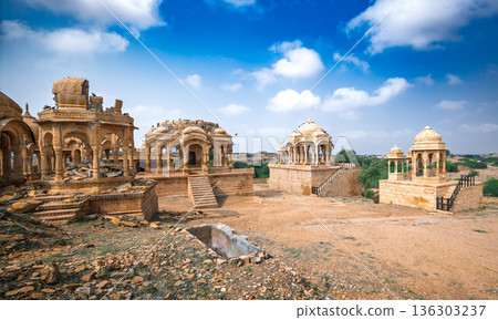 Golden sandstone cenotaphs of Bada Bagh in Jaisalmer. Golden sandstone cenotaphs of Bada Bagh in Jaisalmer. 136303237